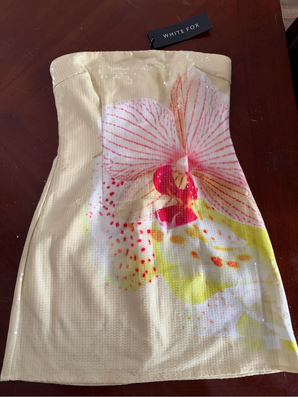 White Fox Boutique Yellow Strapless Floral Sequin Mini Dress